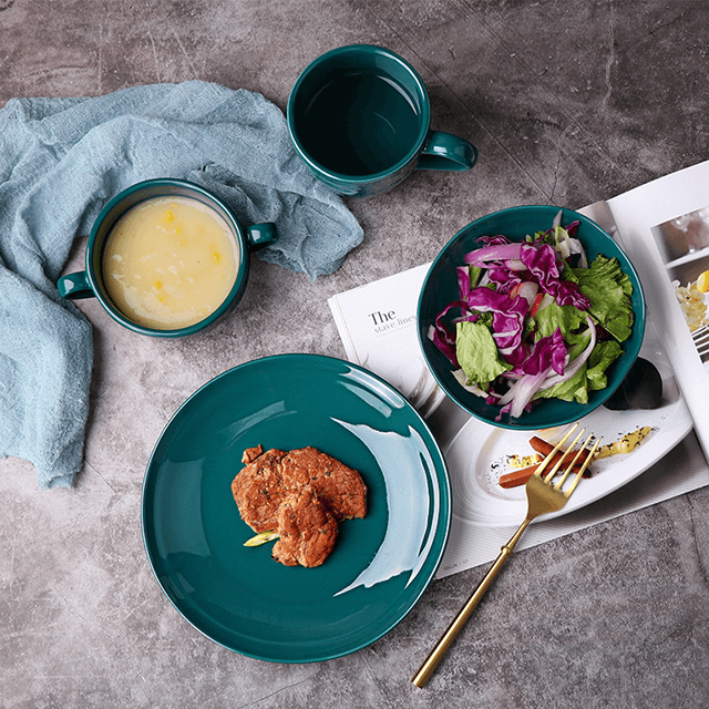 Роскошная столовая посуда Золотая зеленая тарелка Набор посуды Фарфоровый столовый сервиз Happy Singles Глянцевая керамическая посуда Посуда для отеля